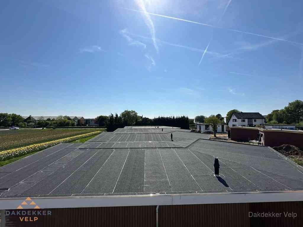 Groot plat dak met bitumen dakbedekking op bedrijfspand in Velp